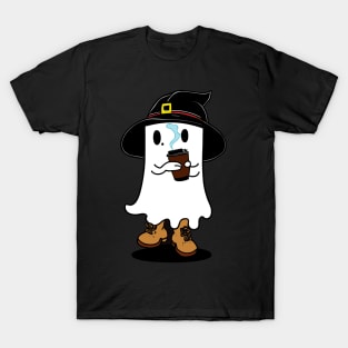 cute Ghost with witch hat drinking coffee T-Shirt